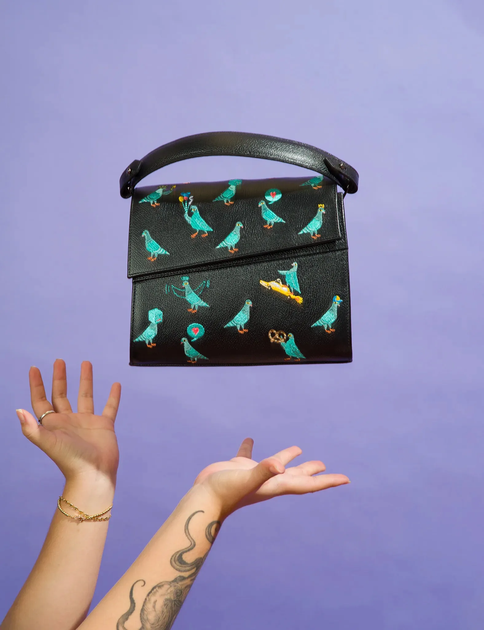 Anastasio Mini Crossbody Handbag Black Leather - Pigeonista Embroidery