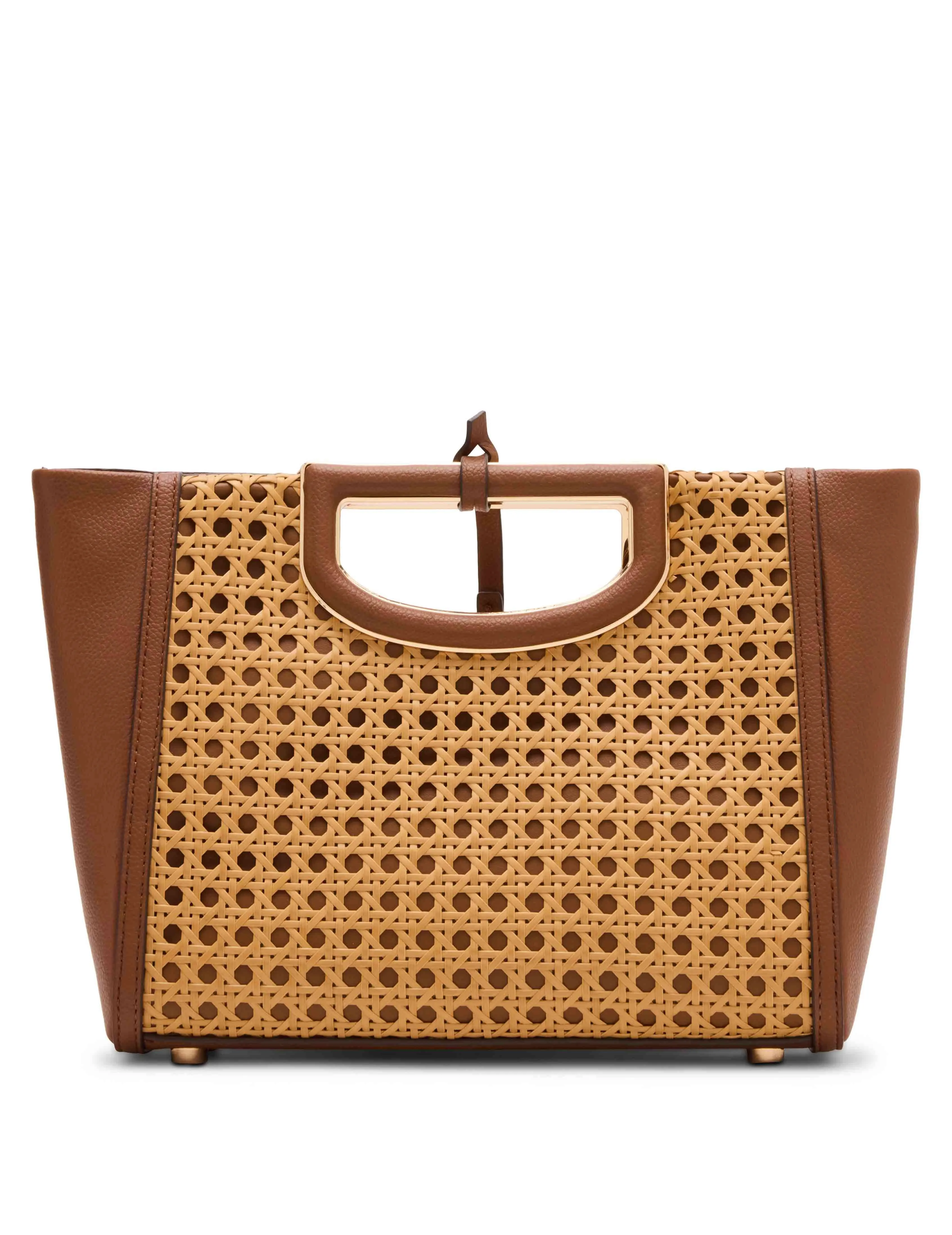 Caning Cut-Out Metal Handle Satchel With Convertible Strap