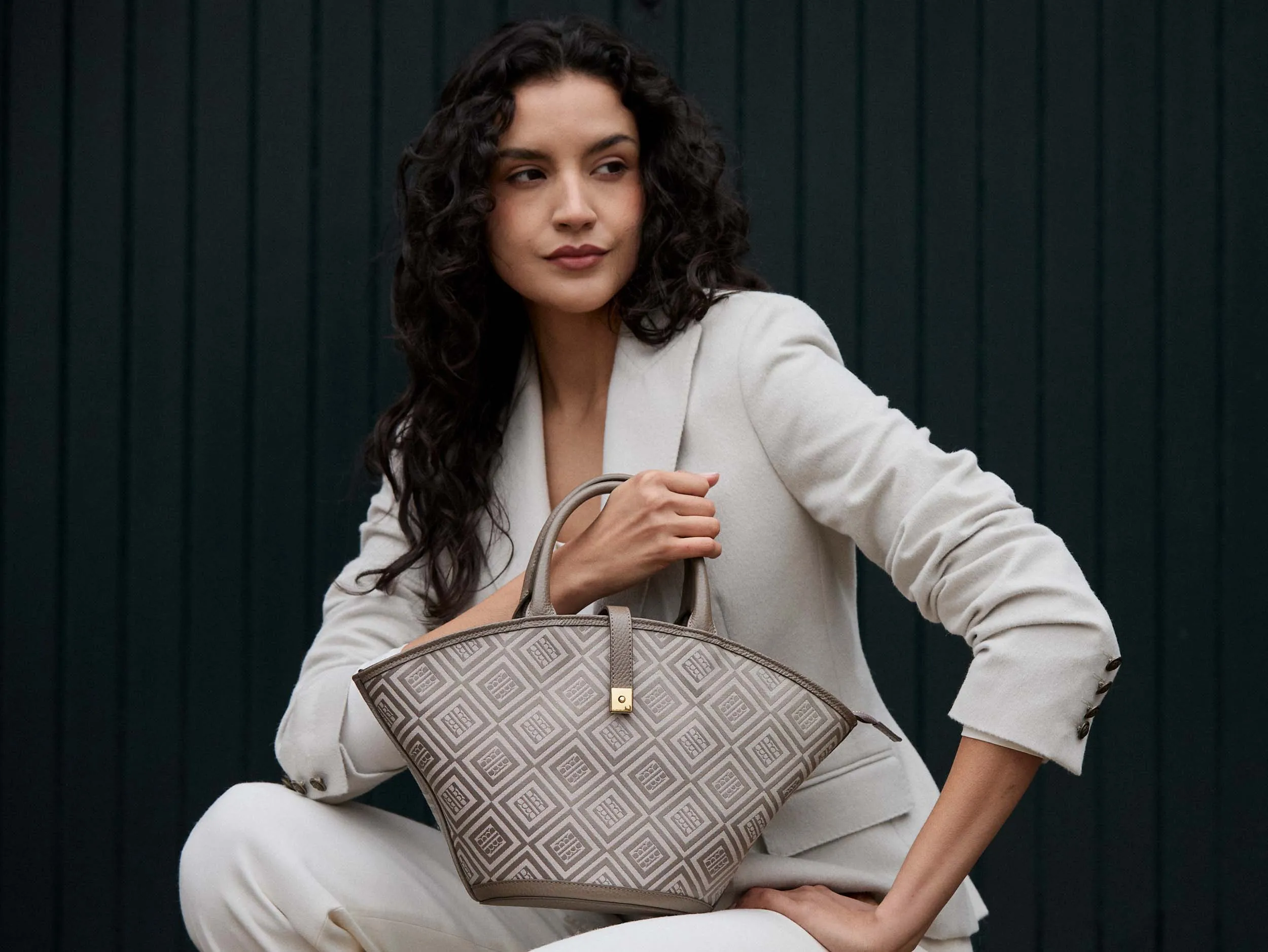 Clara Logo Jacquard Print Bag - Beige/Taupe