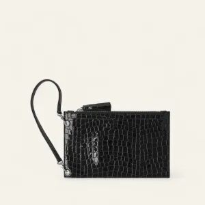 Clover Pouch | Black Patent Croc with Silver hardware