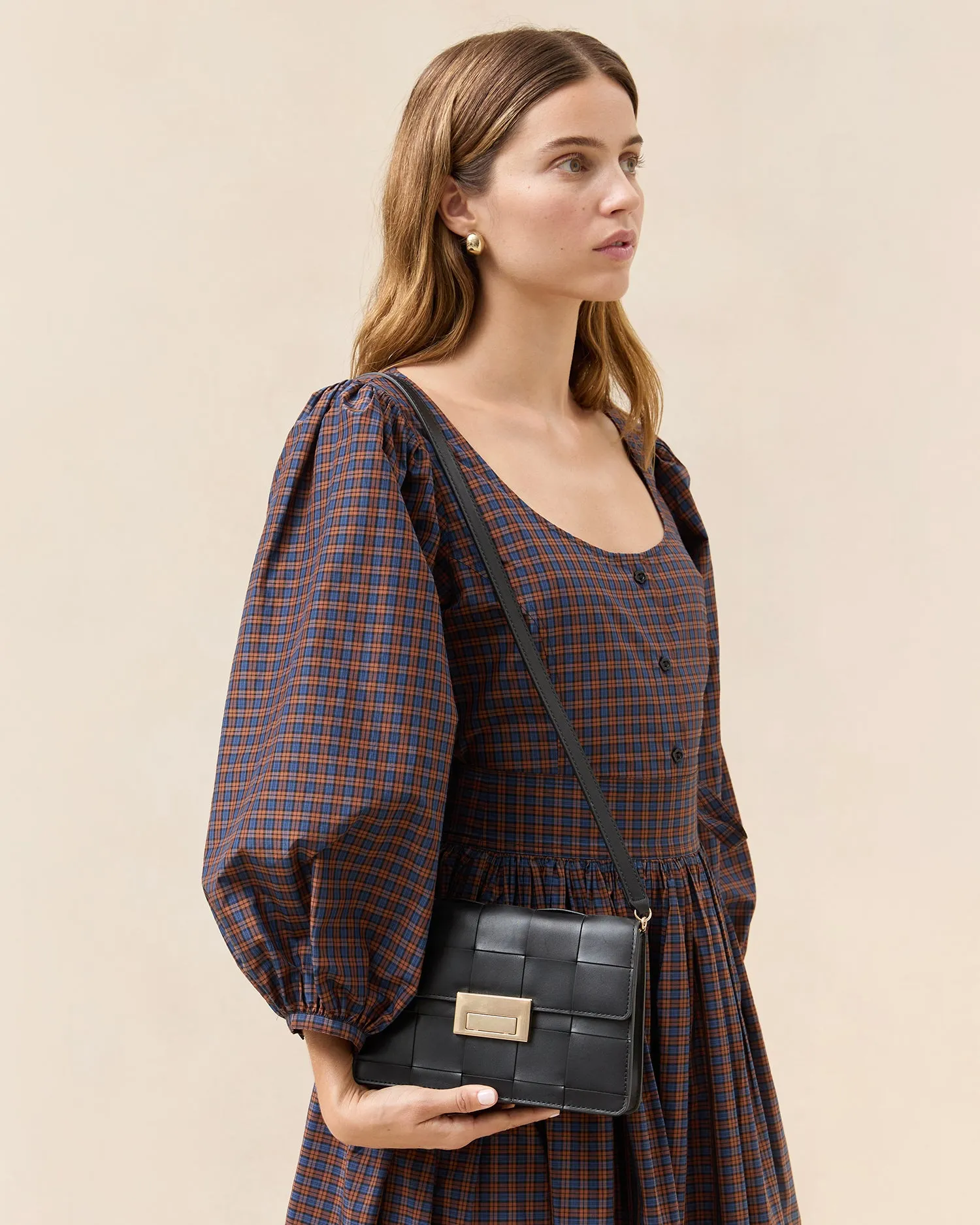 Delphine Black Woven Leather Shoulder Bag