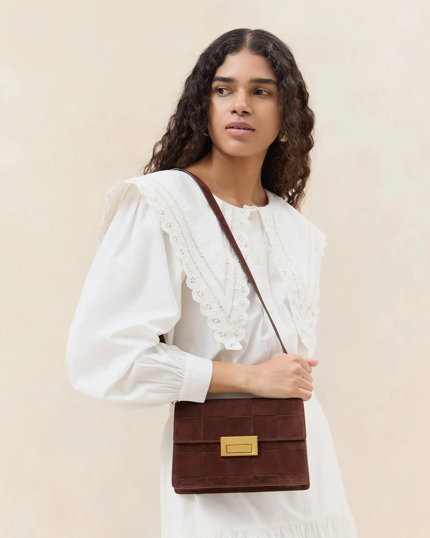 Delphine Espresso Woven Suede Shoulder Bag
