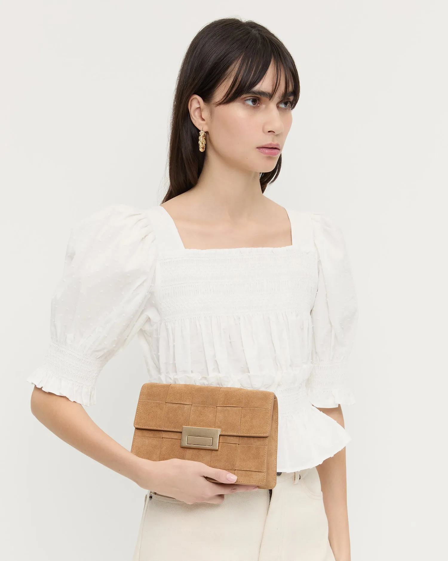 Delphine Toffee Woven Suede Shoulder Bag