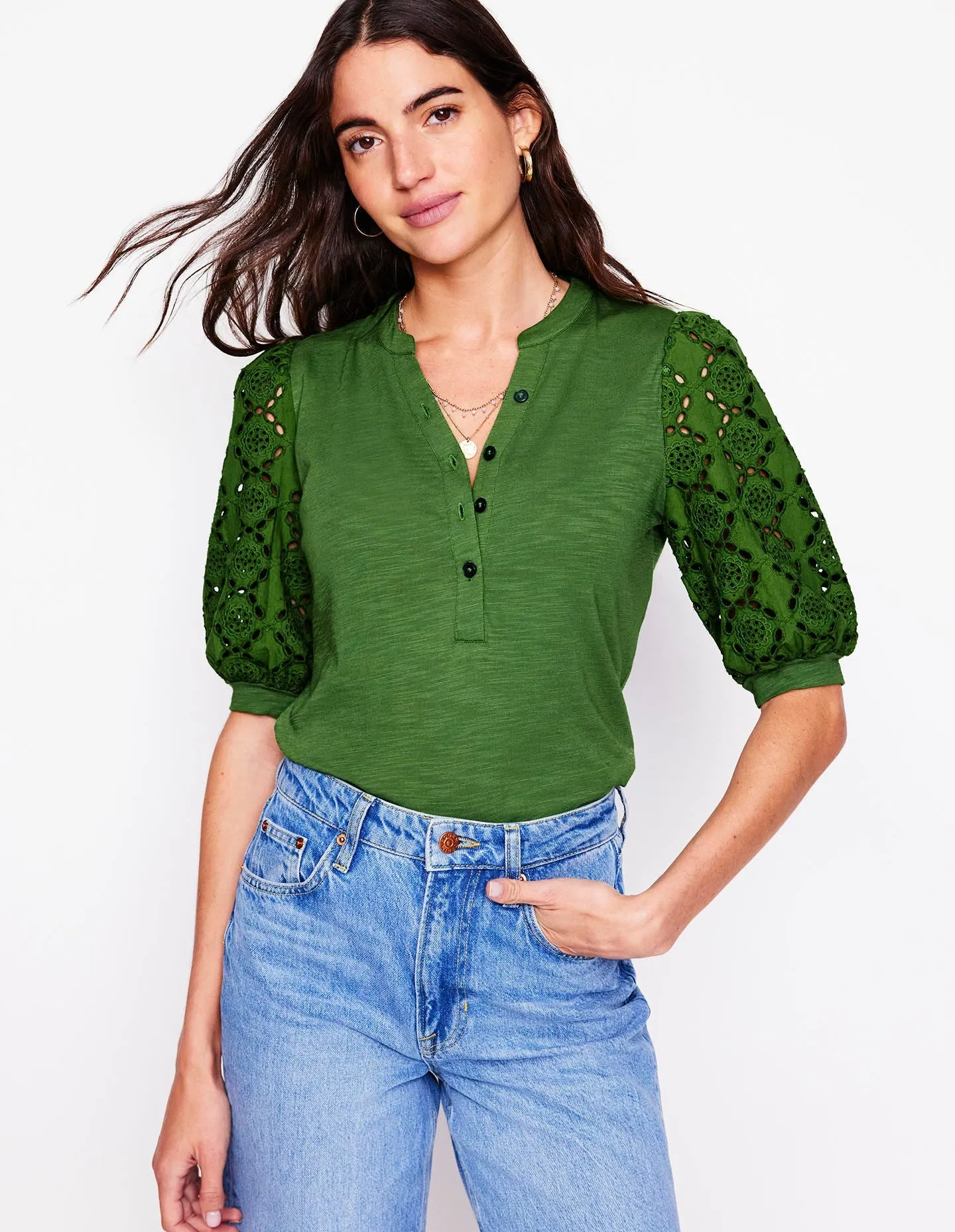 Eden Puff Sleeve Henley Top-Promenade Green