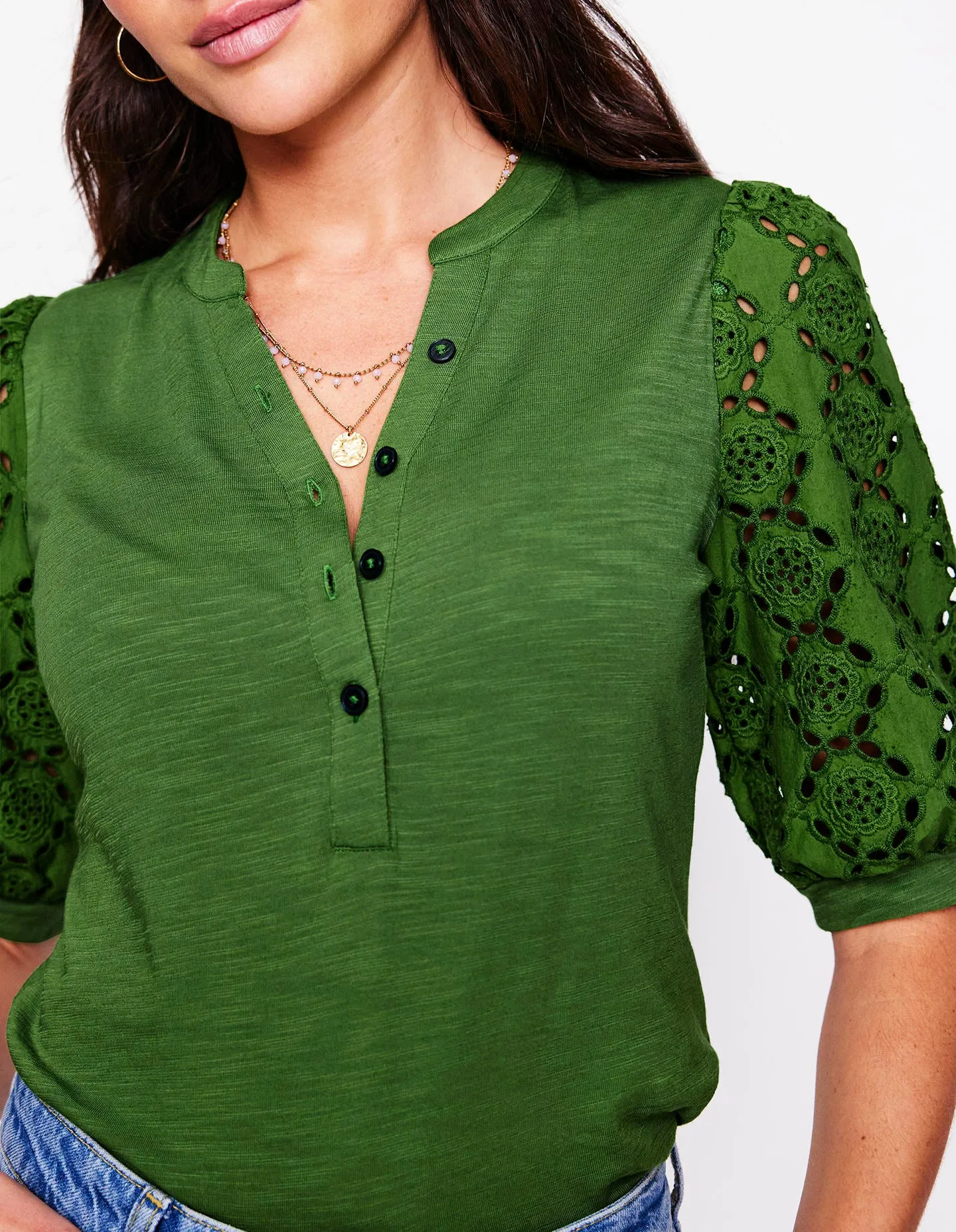 Eden Puff Sleeve Henley Top-Promenade Green
