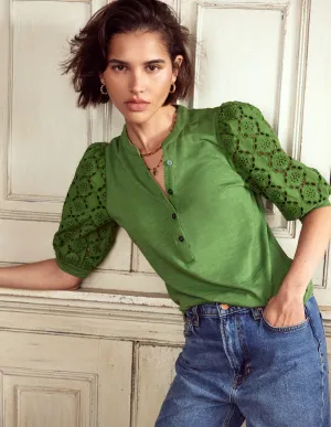 Eden Puff Sleeve Henley Top-Promenade Green