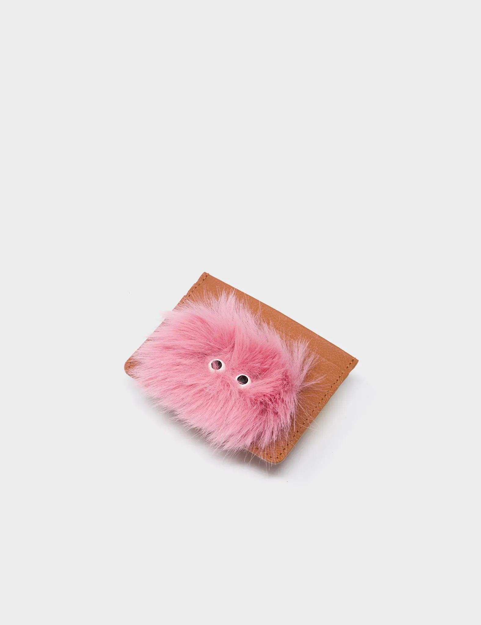 Filium Caramel Leather Cardholder - Fuzzy Monster Applique