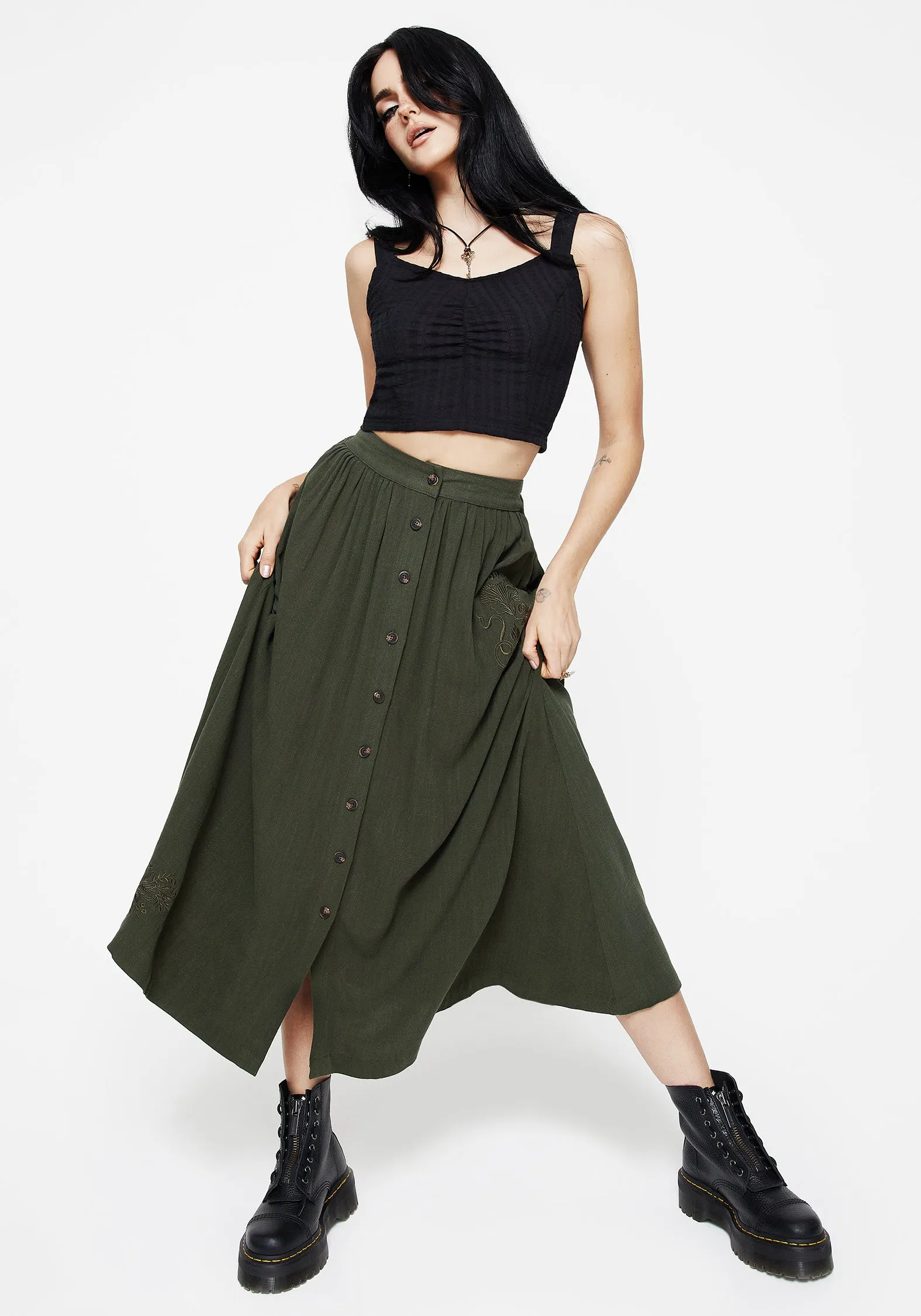 Foliate Linen-Blend Embroidered Button Up Midaxi Skirt - Green