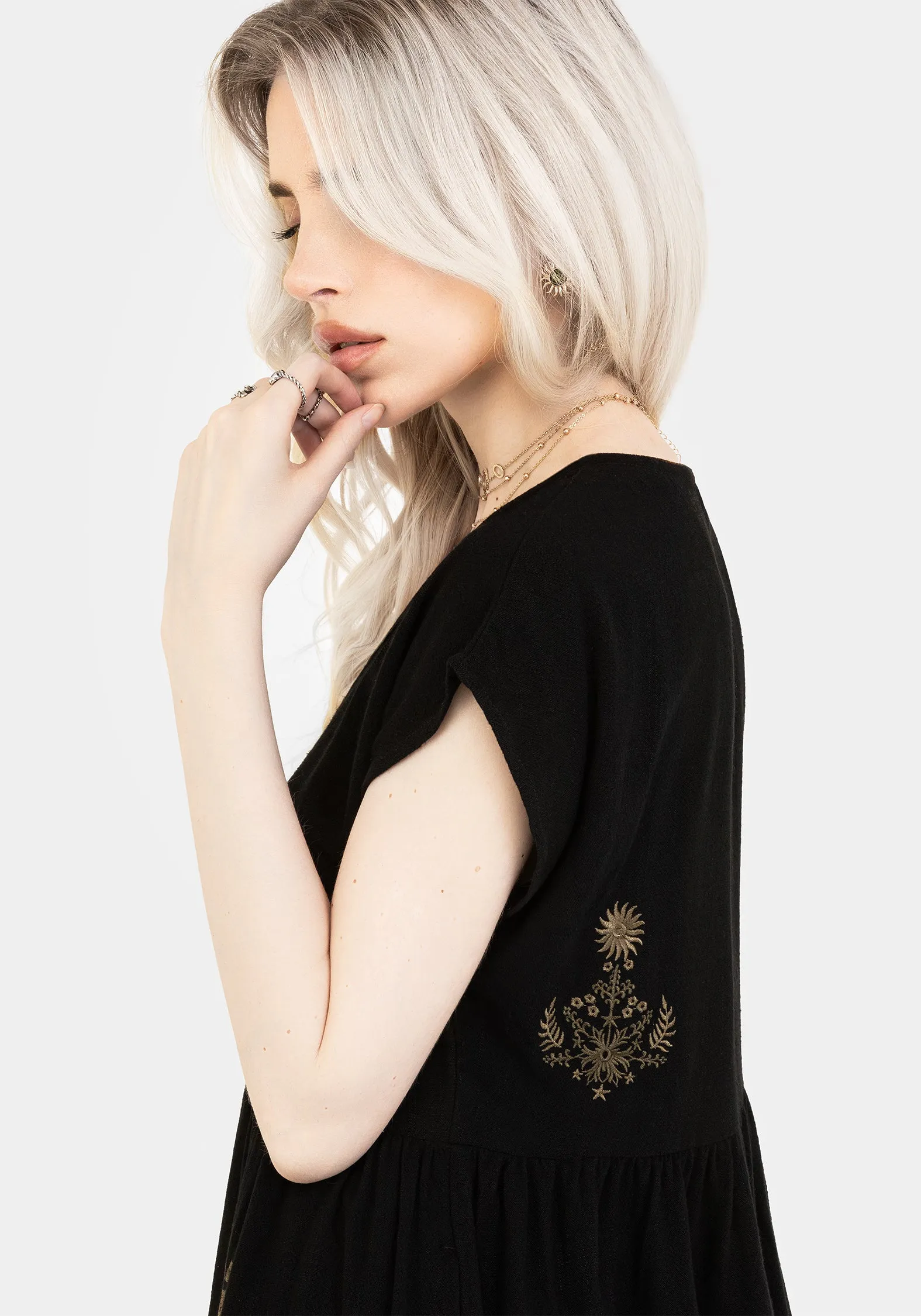 Foliate Linen-Blend Embroidered Button Up Mini Dress - Black