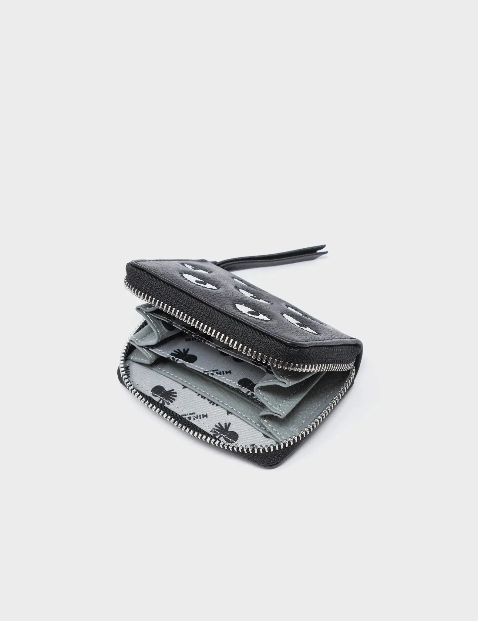 Frodo Black Leather Zip Around Wallet - Eyes Embroidery