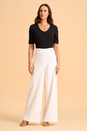 Full Length Waist Tab Linen Pant - White