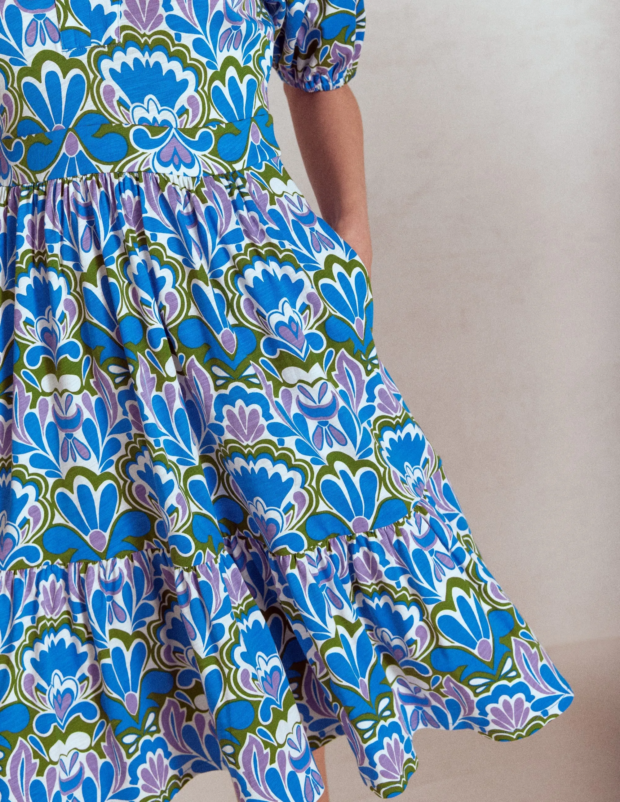 Piper Short Jersey Dress-Kingfisher Blue. Freesia Stamp