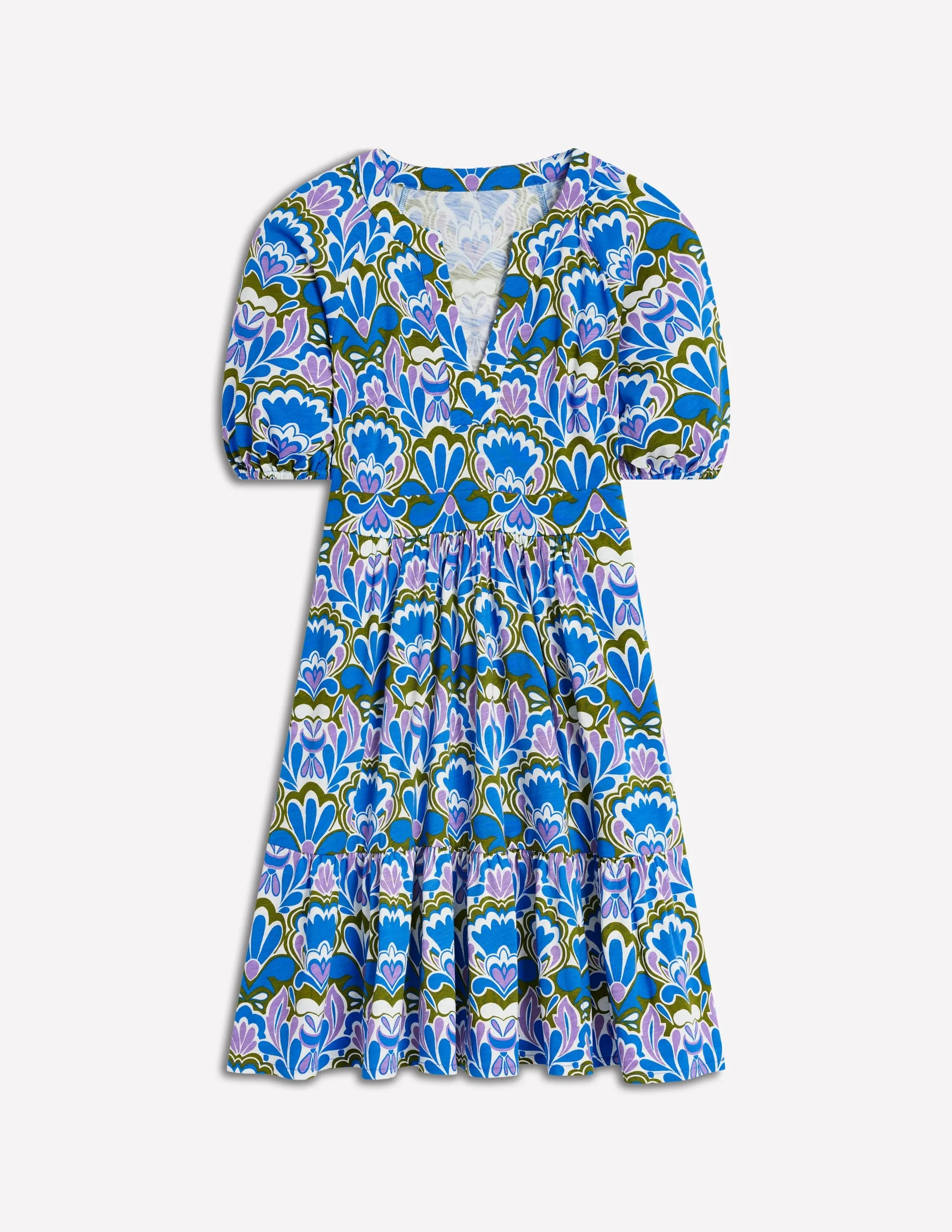 Piper Short Jersey Dress-Kingfisher Blue. Freesia Stamp