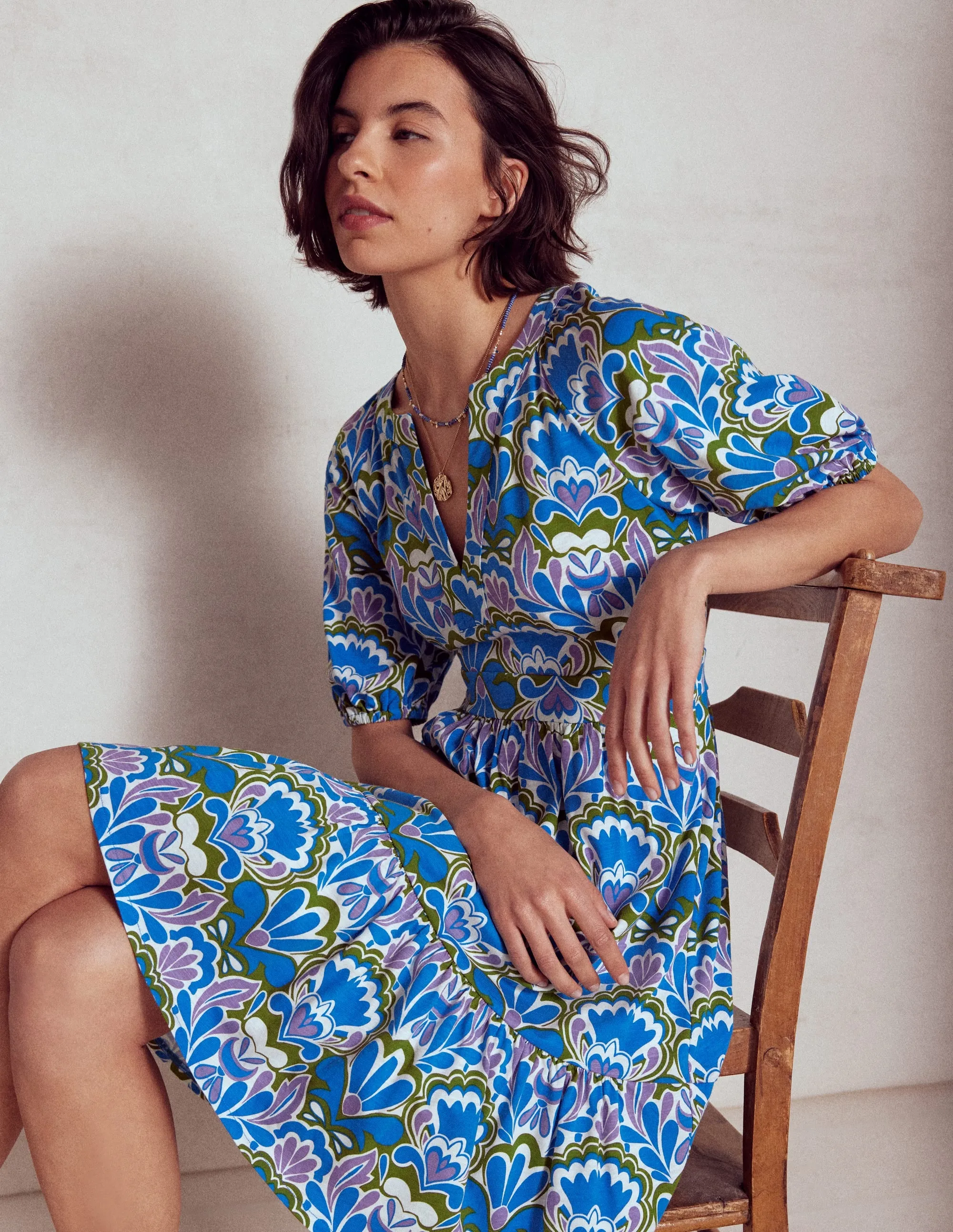 Piper Short Jersey Dress-Kingfisher Blue. Freesia Stamp