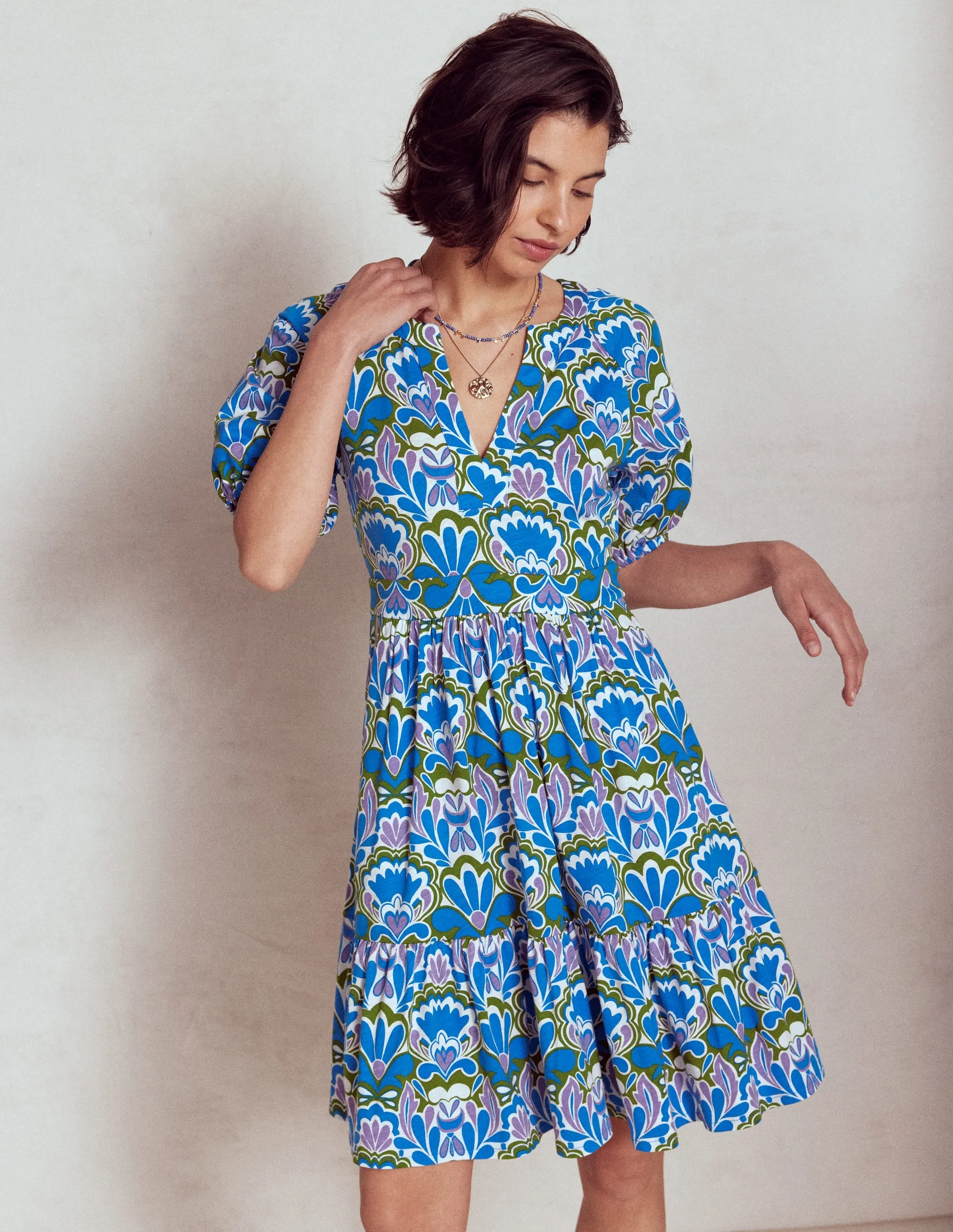 Piper Short Jersey Dress-Kingfisher Blue. Freesia Stamp