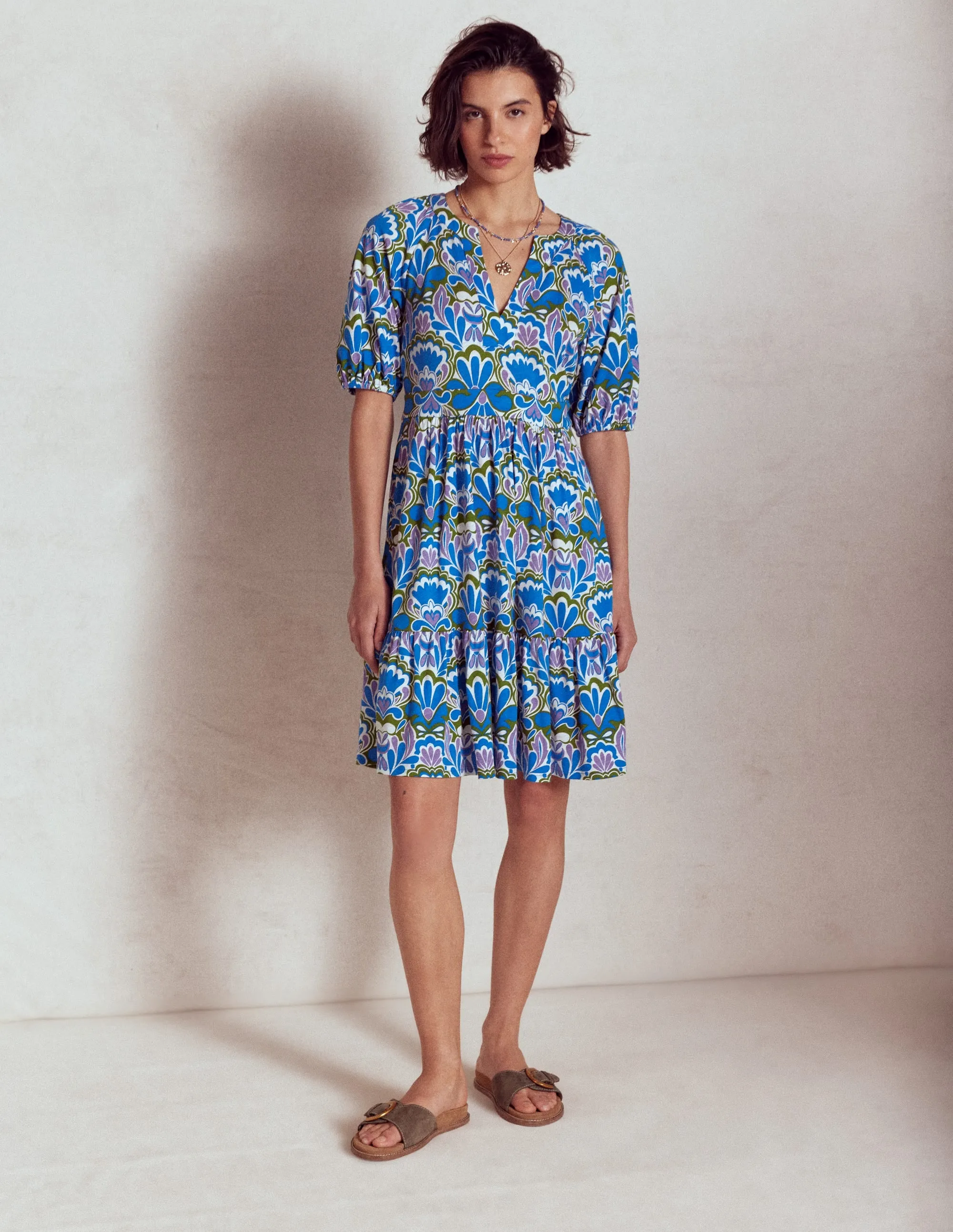 Piper Short Jersey Dress-Kingfisher Blue. Freesia Stamp