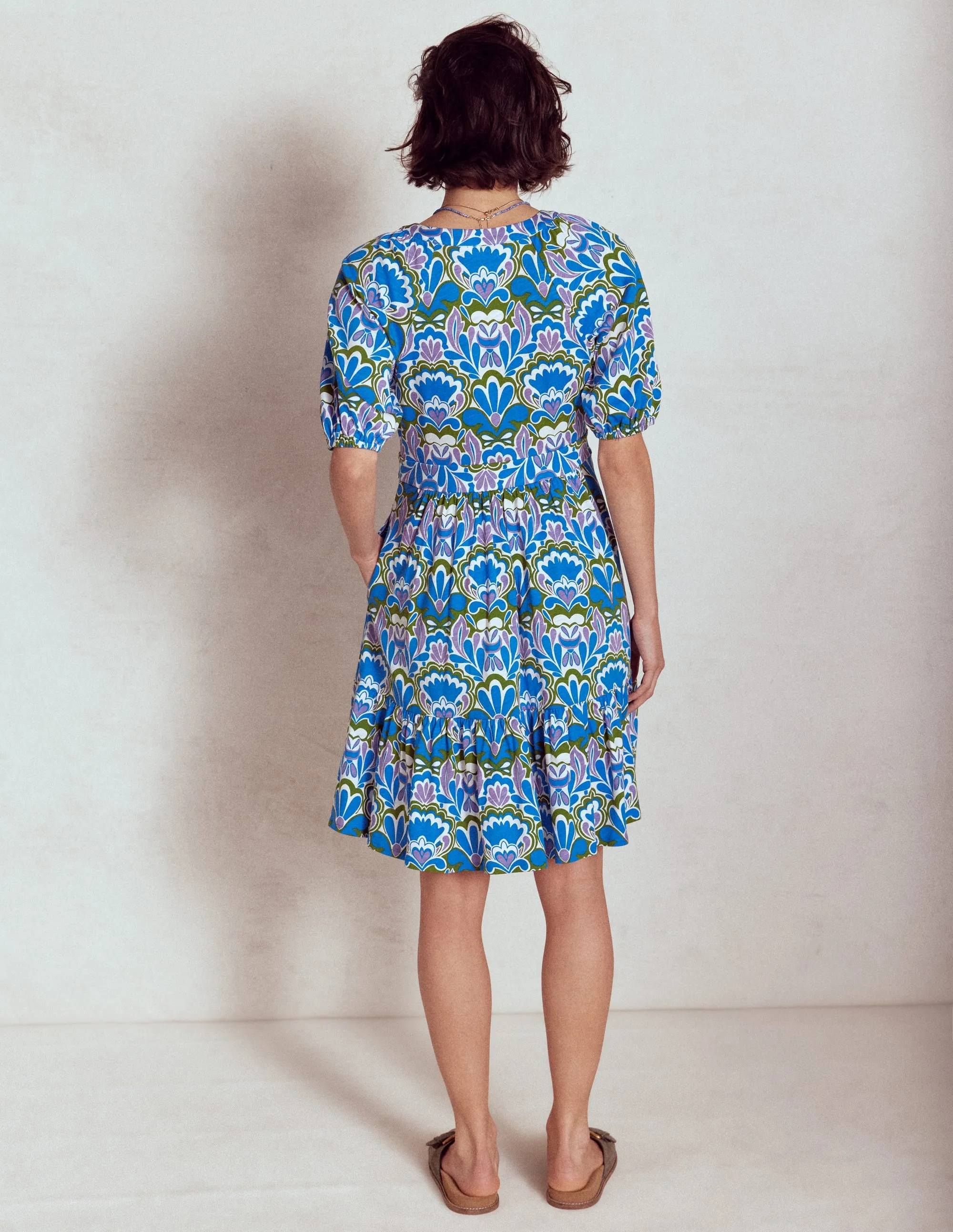 Piper Short Jersey Dress-Kingfisher Blue. Freesia Stamp