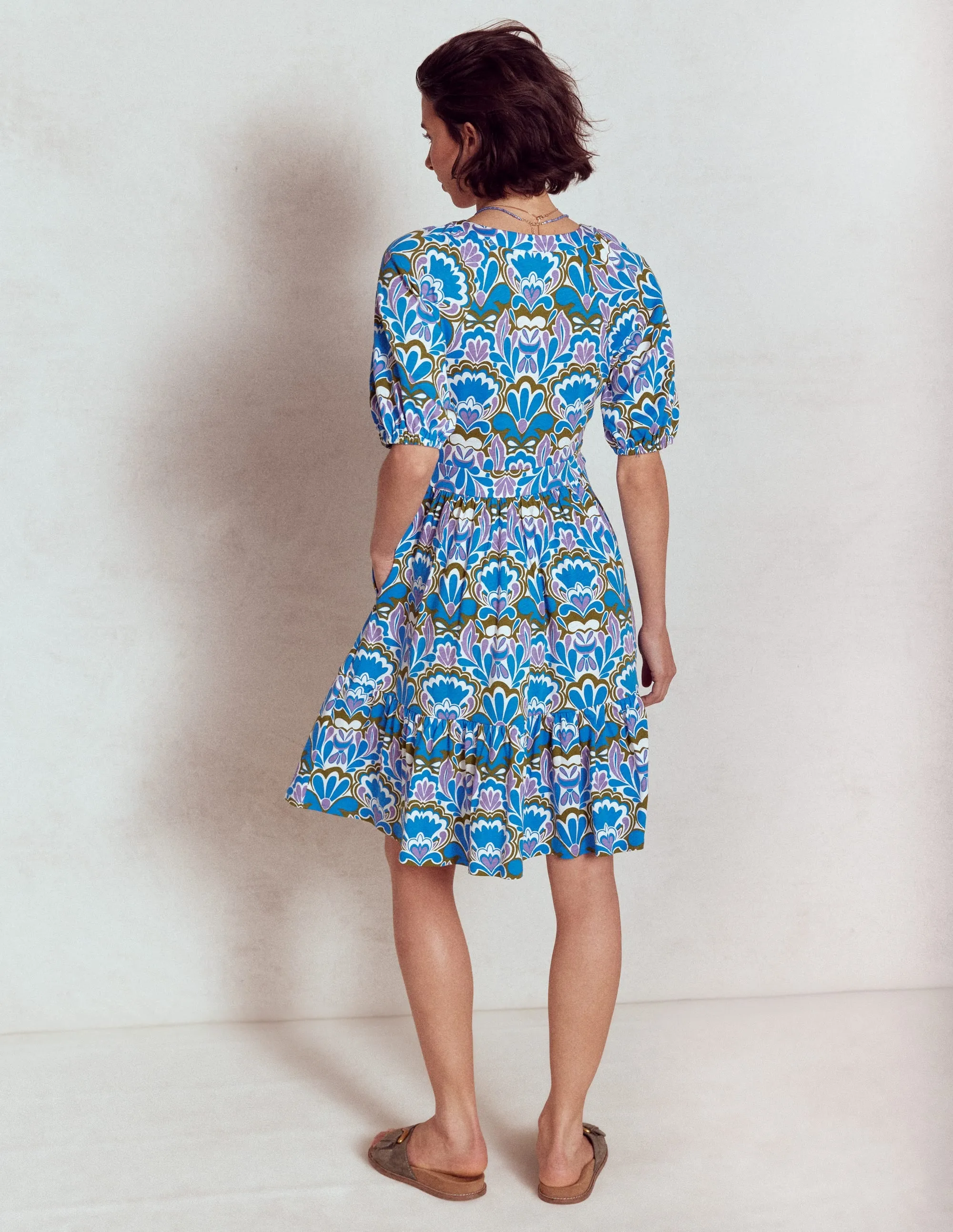 Piper Short Jersey Dress-Kingfisher Blue. Freesia Stamp