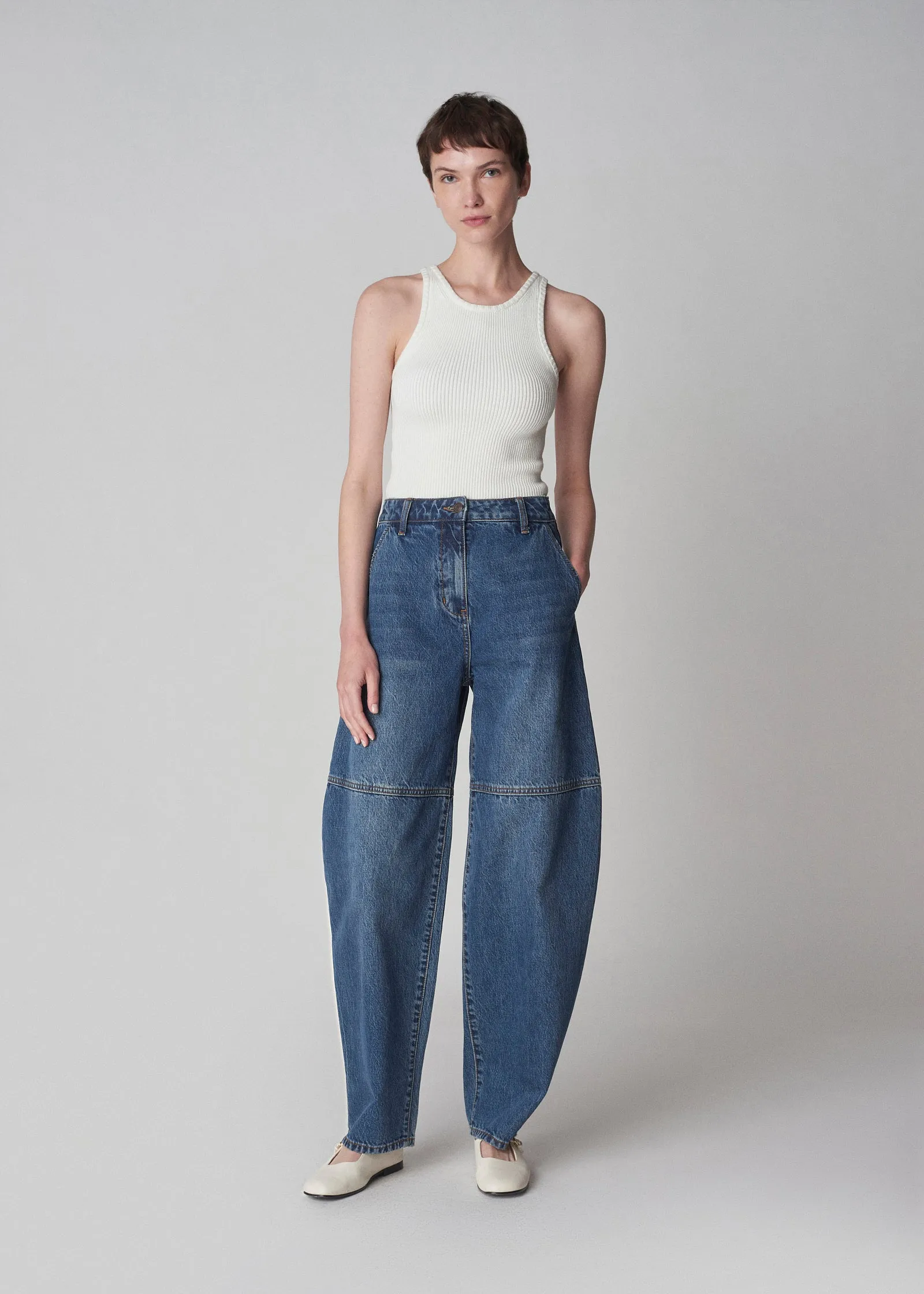 Ribbed Compact Knit Tank in Cotton  - White