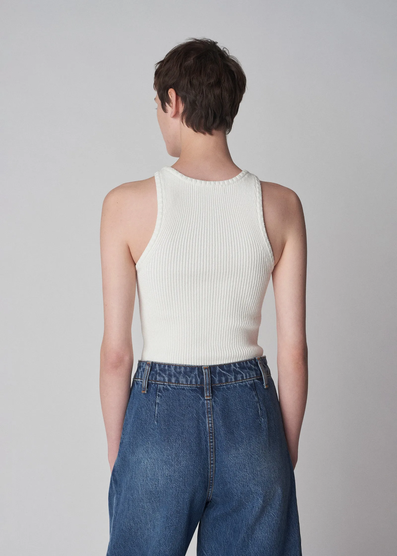 Ribbed Compact Knit Tank in Cotton  - White