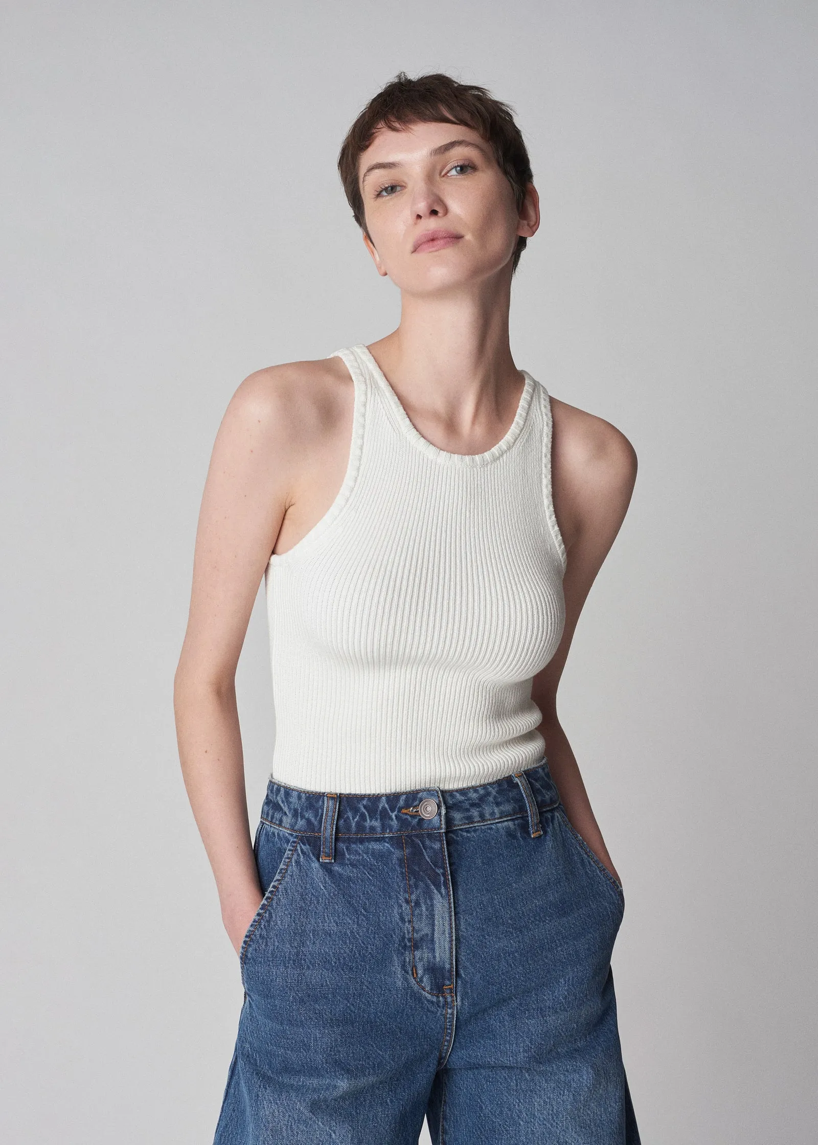 Ribbed Compact Knit Tank in Cotton  - White