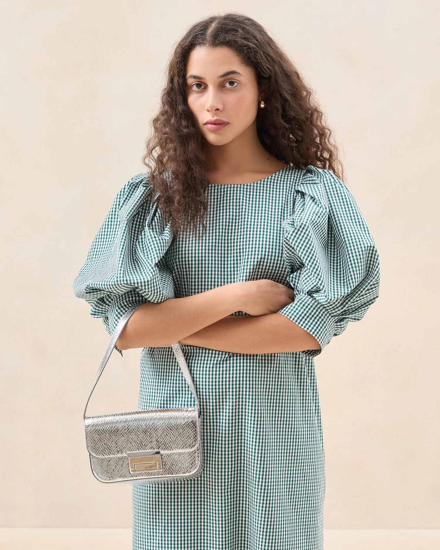 Stefania Silver Leather Baguette Bag